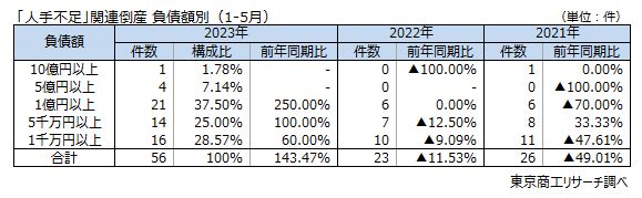 「人手不足」関連倒産　負債額別（1-5月）