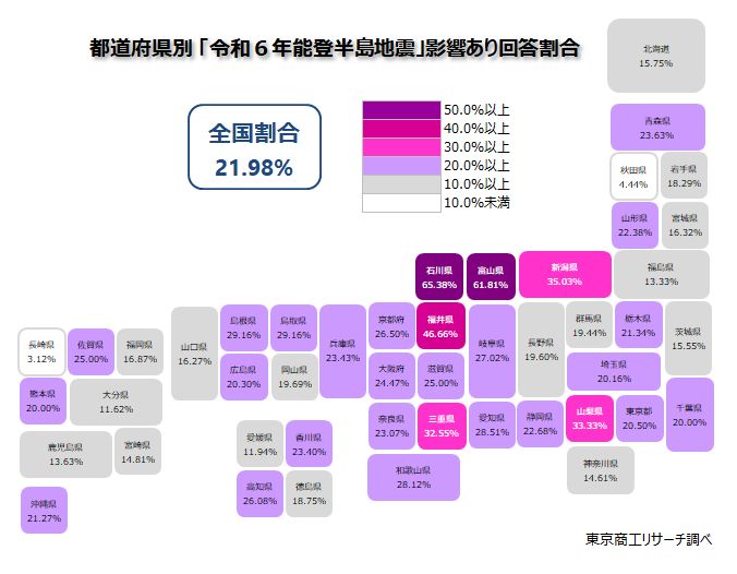 都道府県別「令和6年能登半島地震」影響あり回答割合