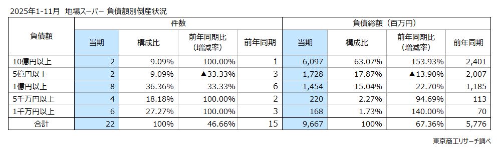 2025年1-11月 地場スーパー 負債額別倒産状況 2025年1-11月 地場スーパー 負債額別倒産状況