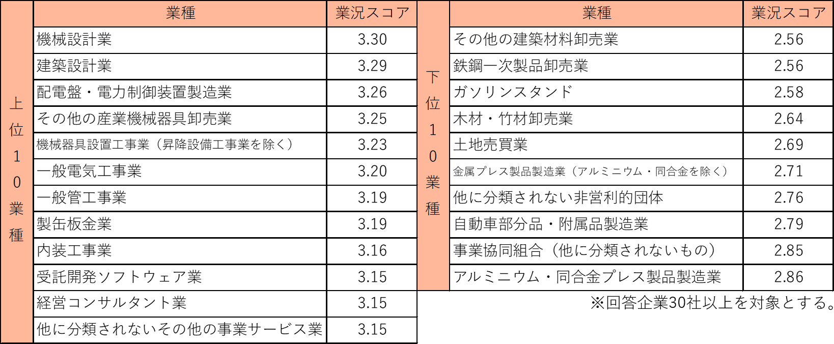 業種（細分類）別業況スコアランキング