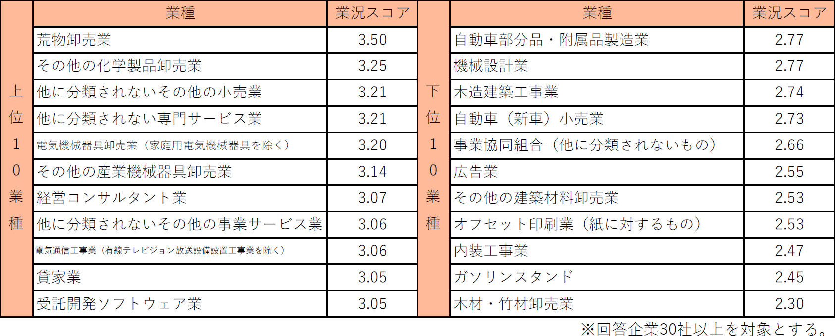 業種(細分類)別業況スコアランキング