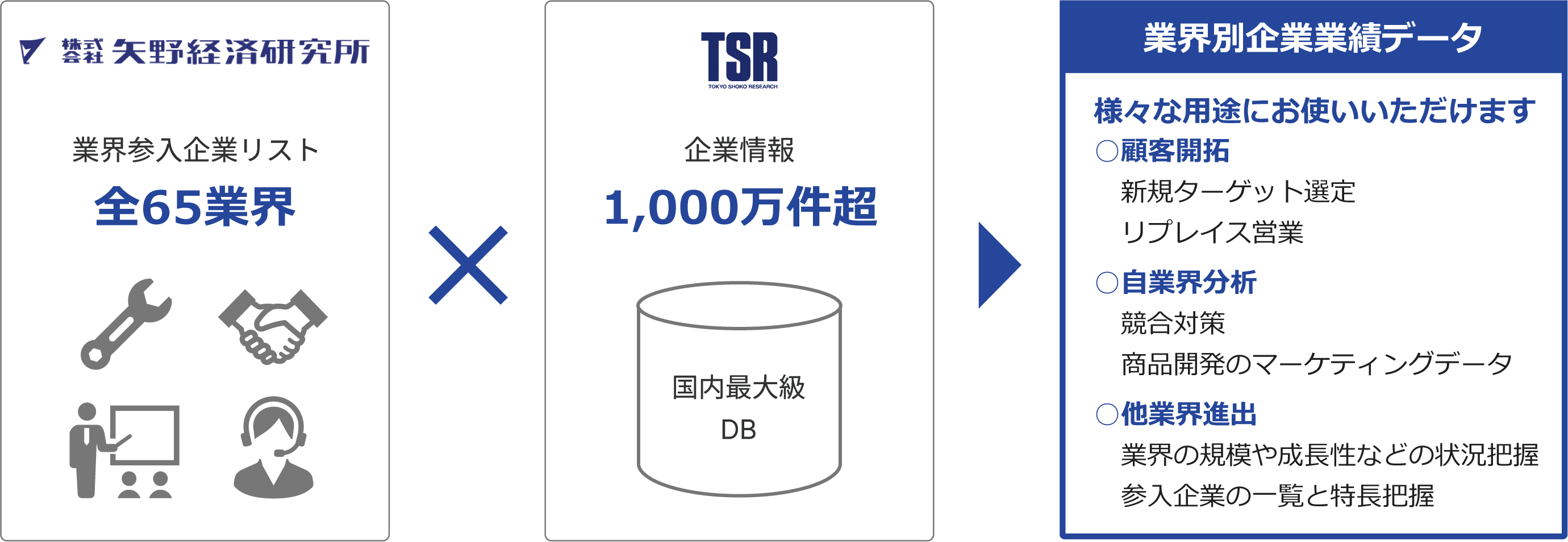 「矢野経済研究所」×「TSR」=「業界別企業業績データ」